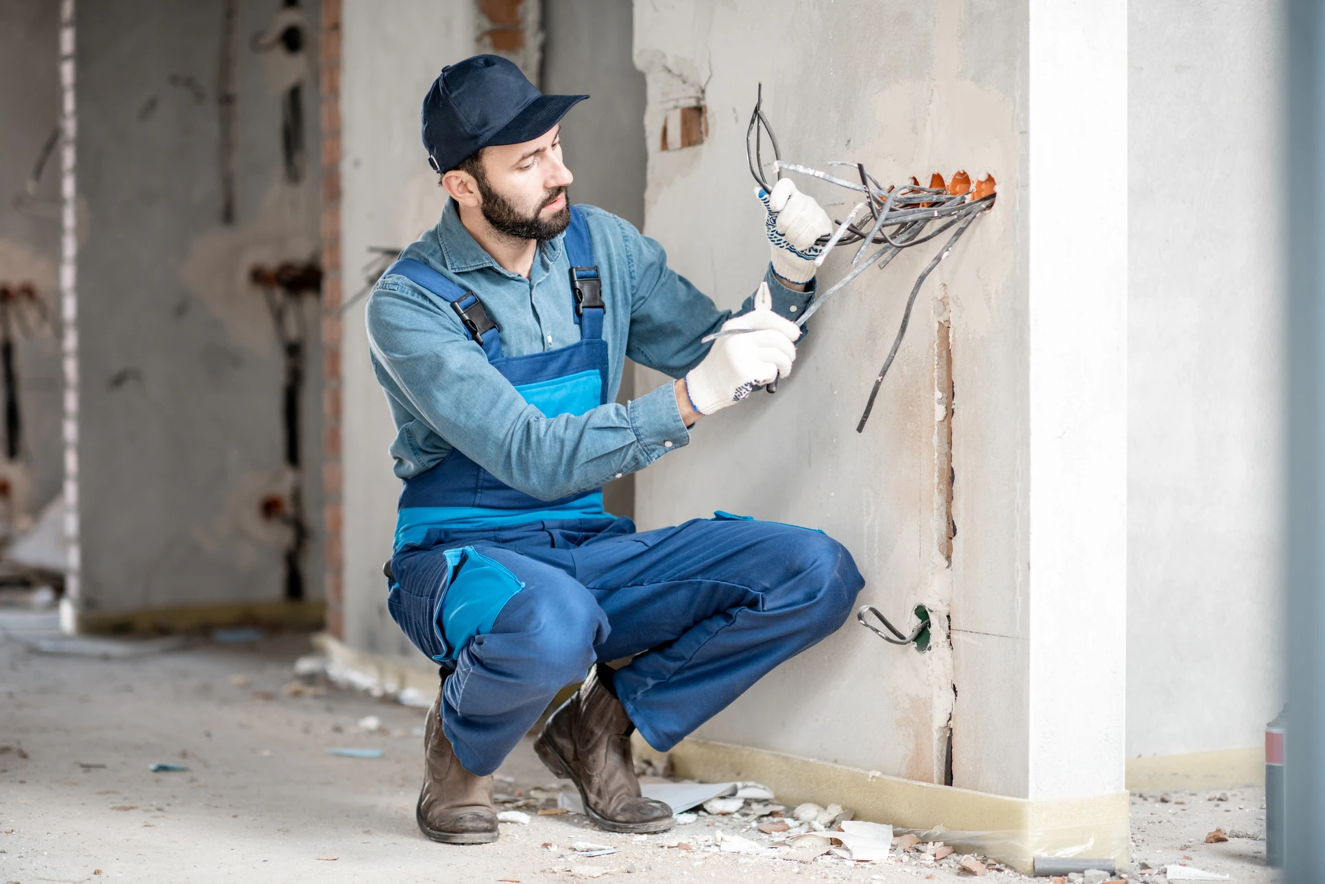 Un électricien professionnel en salopette bleue et casquette installe un tableau électrique dans un bâtiment en construction