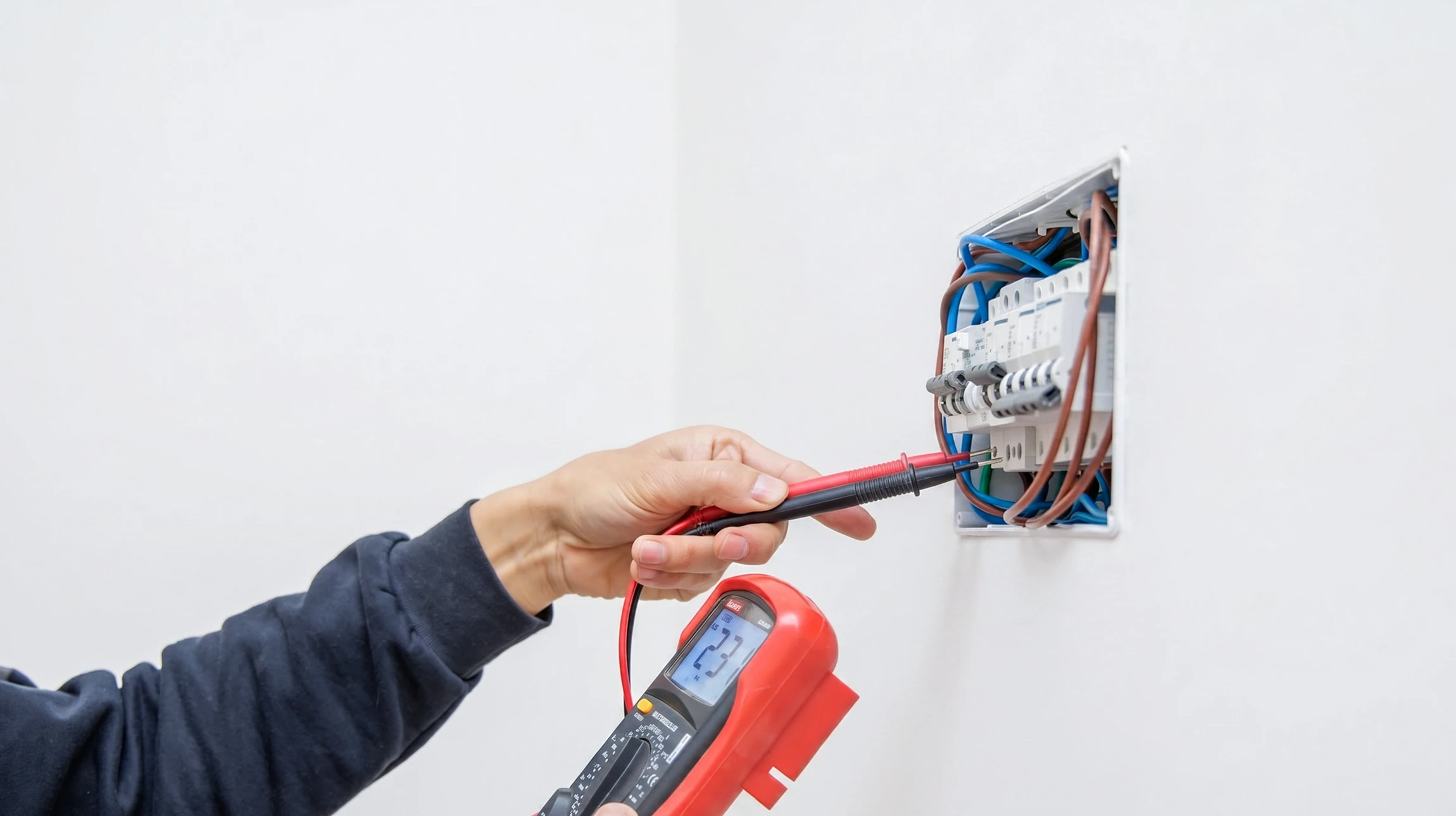 Un électricien en vêtements de travail et ceinture porte-outils en cuir transporte un rouleau de câble électrique blanc dans un environnement de chantier aux murs beiges