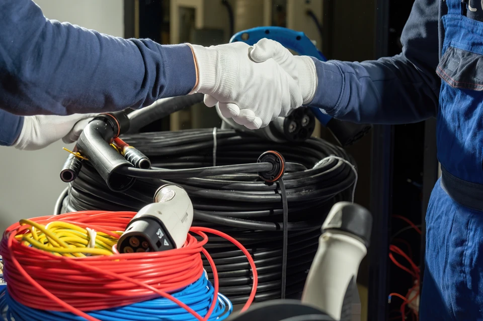 Électricien en uniforme professionnel intervenant sur un chantier résidentiel ou dans les bureaux d'un commerce local, utilisant ses outils de travail et accomplissant une tâche d'électricité générale (installation, maintenance, dépannage). La scène doit transmettre la proximité, la professionnalité et la réactivité d'un artisan local établi dans une région française urbaine ou semi-urbaine. Privilégier une ambiance naturelle montrant l'électricien en action plutôt que posant pour la photo.