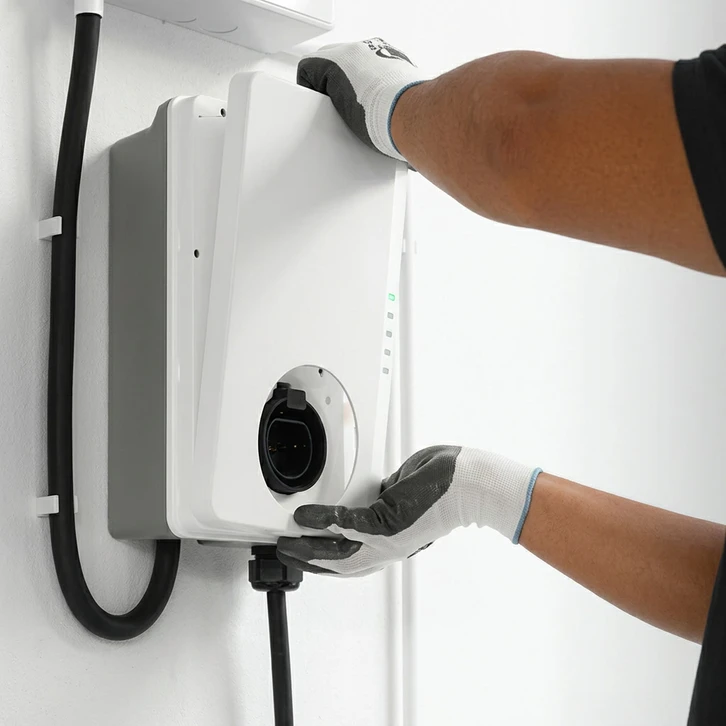 Un électricien masculin certifié installe un chargeur EV à domicile